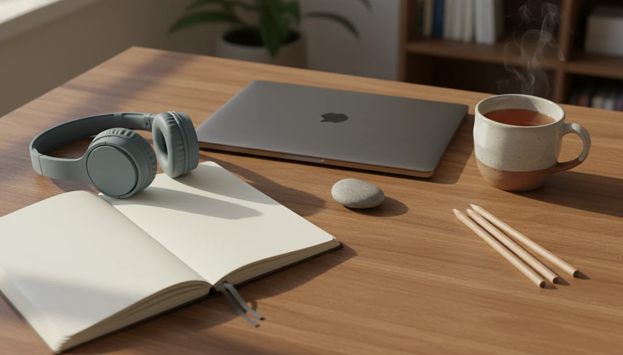 A calm creative desk with a blank sketchbook, pencils, headphones, tea, and soft morning light.