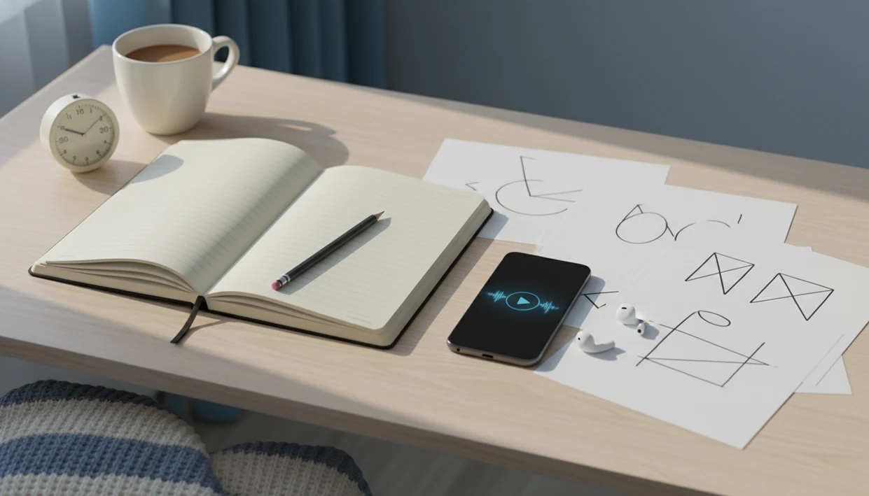 A calm study desk with notes, pencil, timer, sleep mask and phone on the nightstand.