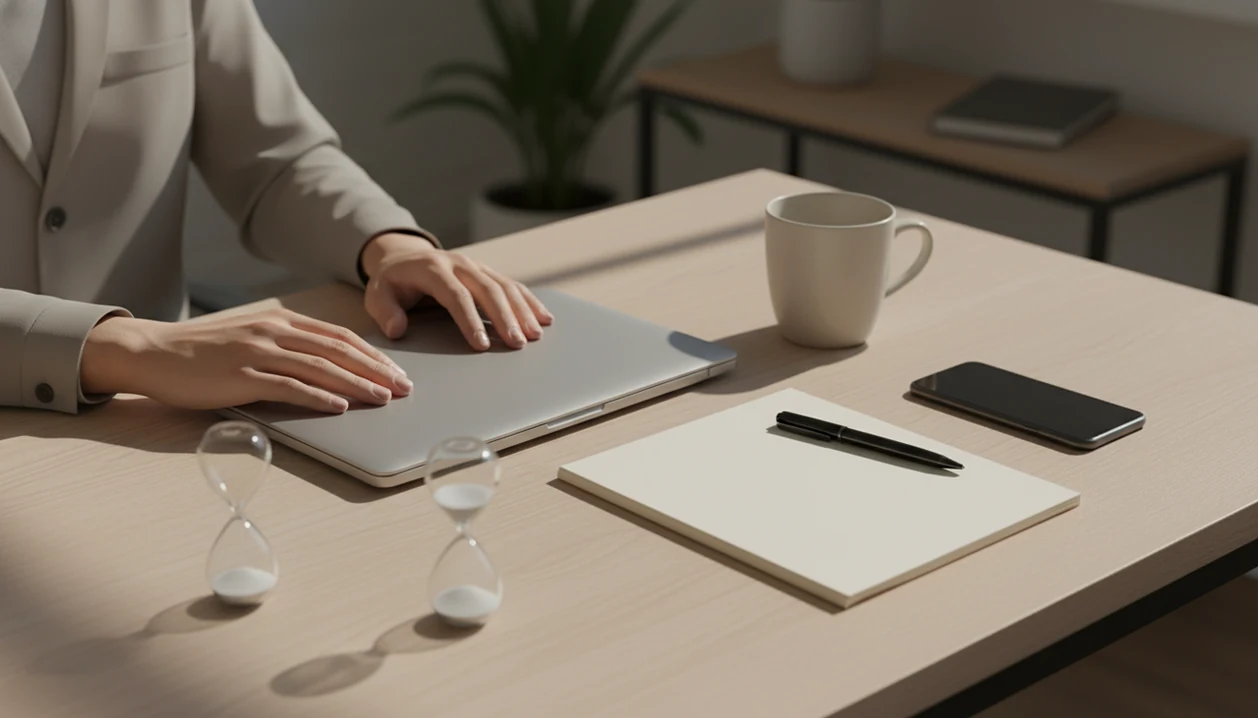 Relaxed hands rest at a tidy desk before work, with a notebook, laptop, mug, and phone nearby.
