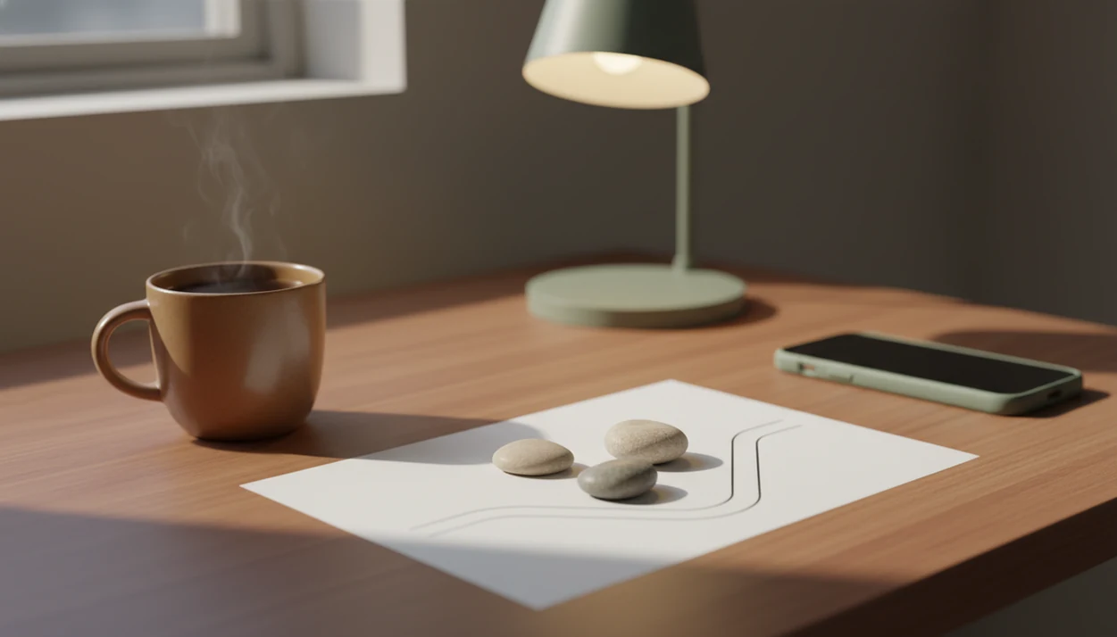 A calm desk scene with stones, blank notes, and a face-down phone suggesting a mindful pause before choosing.