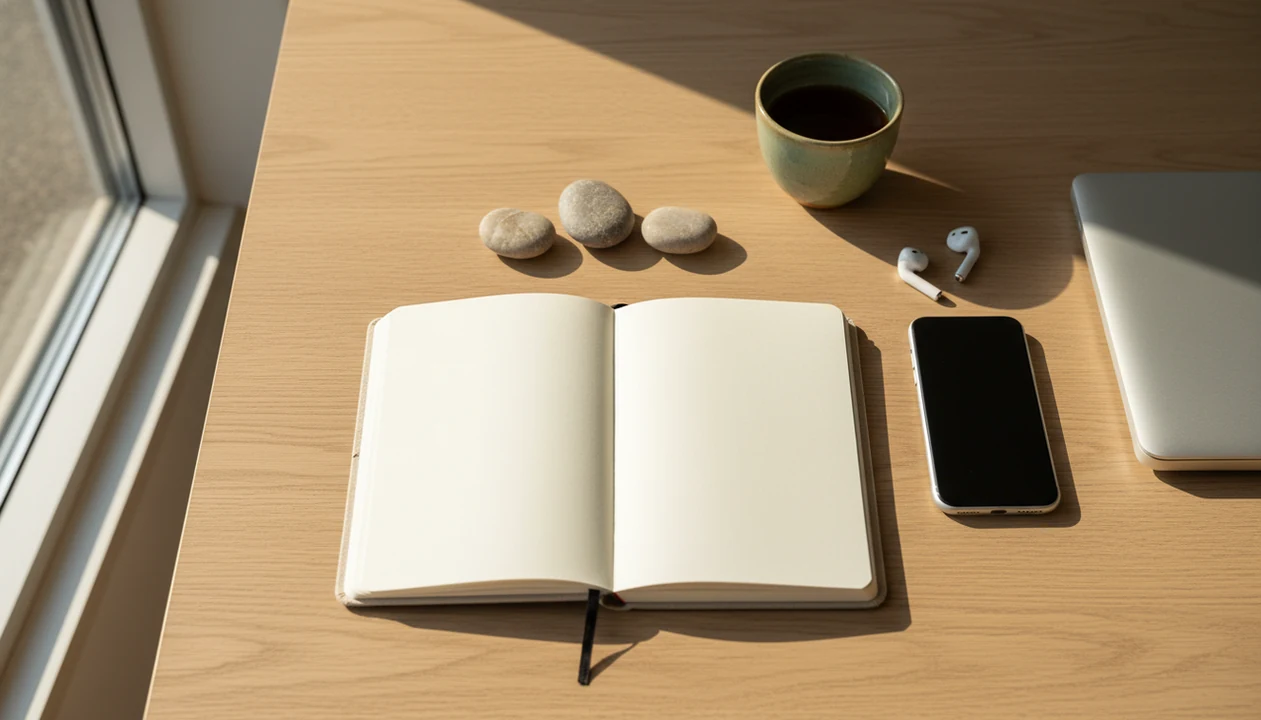 A calm desk setup with a notebook, face-down phone, tea, and stones suggesting mindful task switching.