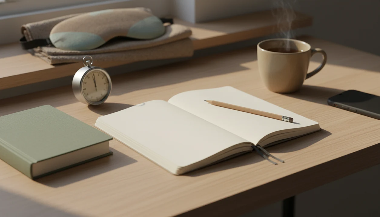 A calm study desk with a blank notebook, timer, tea, and a face-down phone in soft morning light.