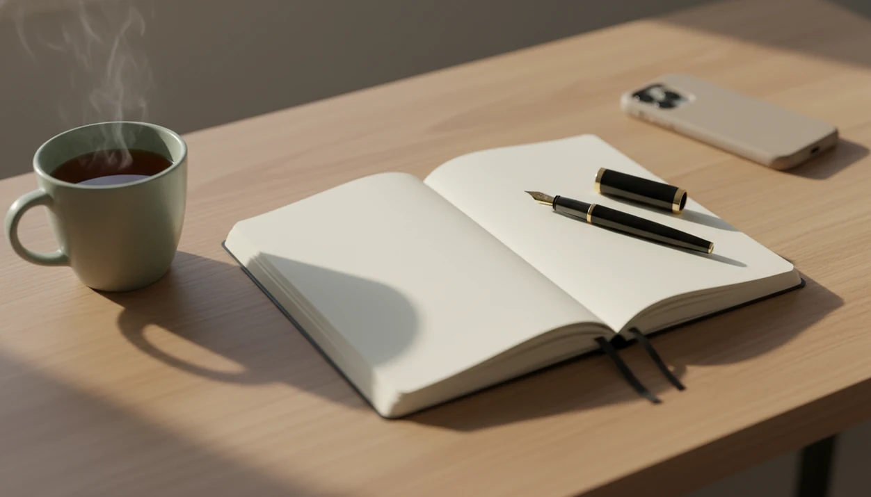 A quiet desk with one open notebook, a pen, tea, and a face-down phone set aside.