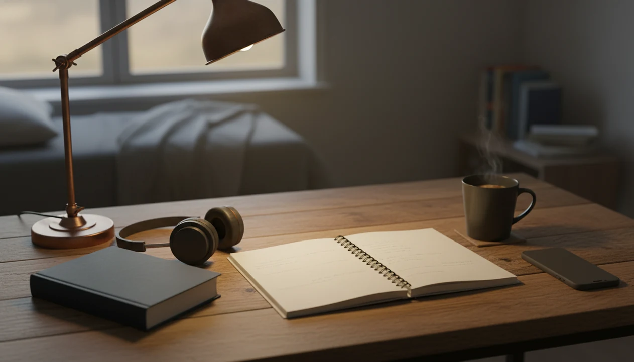 A quiet study desk with headphones, notebook, phone, and soft light set up for a calm pre-study routine.