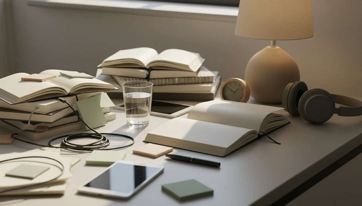 A cluttered desk gradually becomes organized, suggesting a calm reset from cognitive overload.