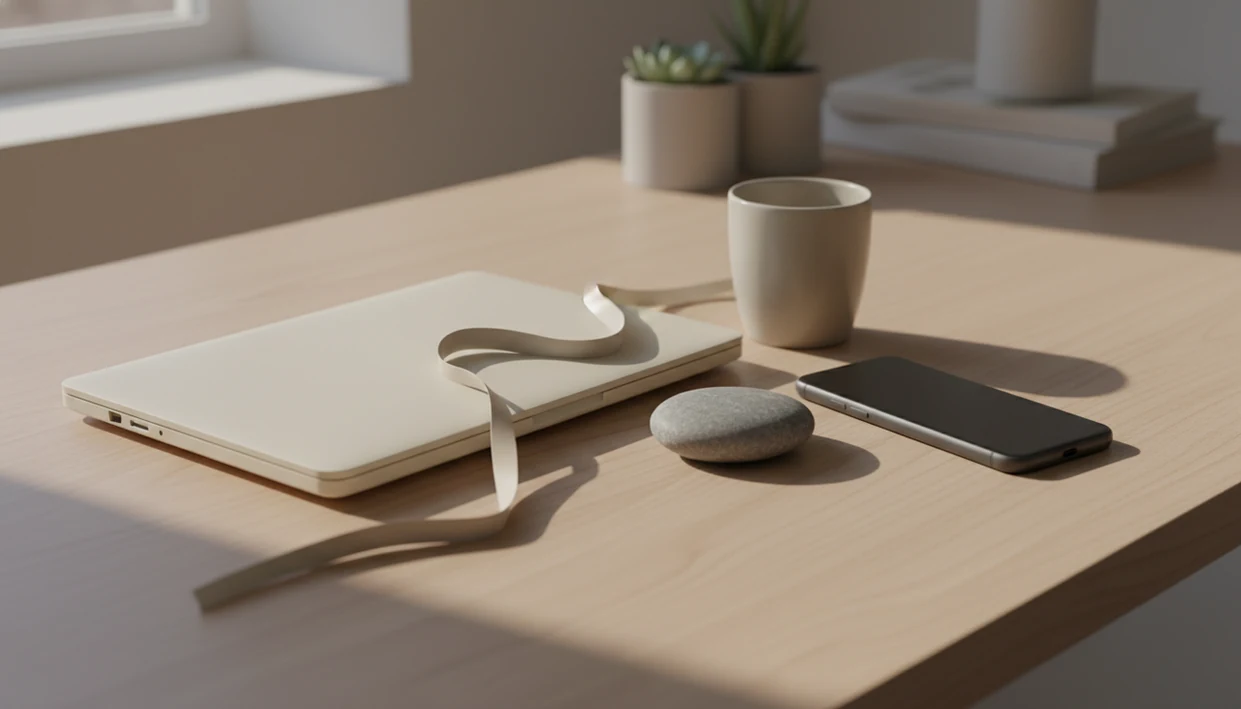 A calm desk scene with a notebook, face-down phone, cup, and stone symbolizing mindful focus.