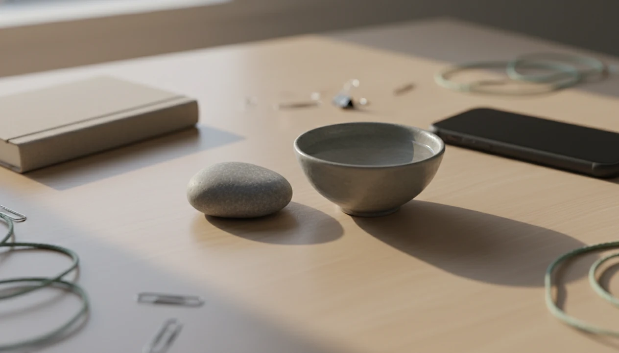 A calm desk still life with a stone and water bowl centered among softly blurred distractions.