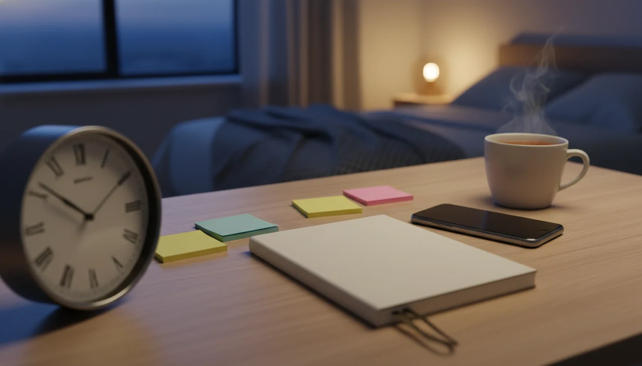 A quiet desk at dusk with a clock, closed notebook, tea, and phone turned face down.