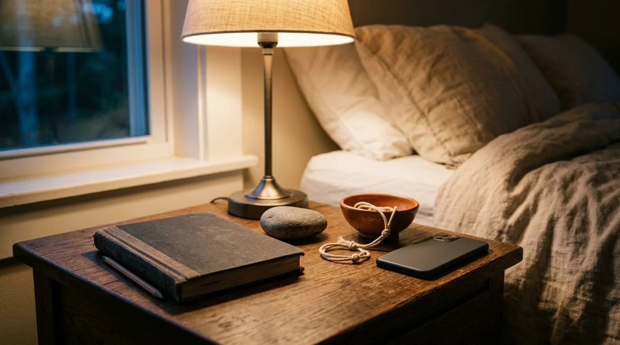 A calm bedside still life with a closed journal, stone, untied cord, and face-down phone at night.