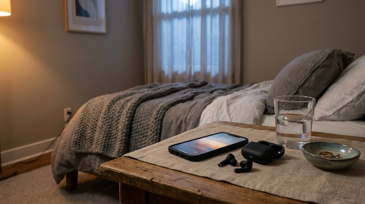 A quiet bedside setup with speaker and dim light on the bedside table.