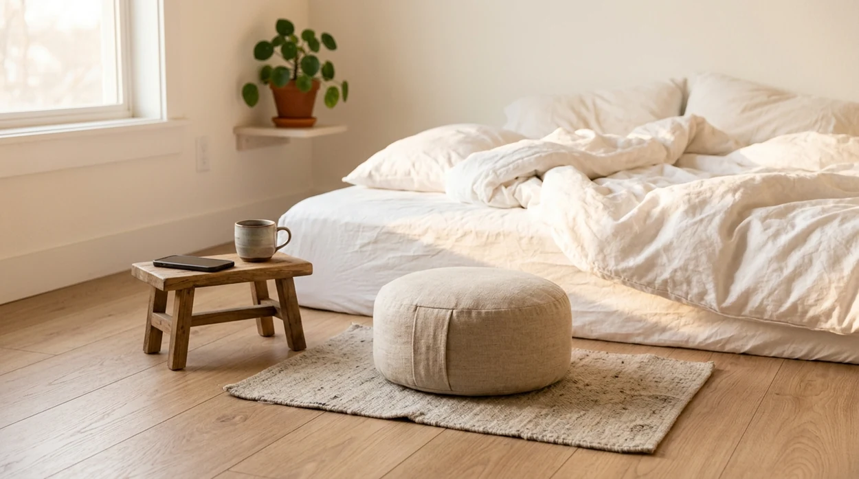 A quiet bedroom corner with a meditation cushion, tea, and soft sunrise light for a morning practice.