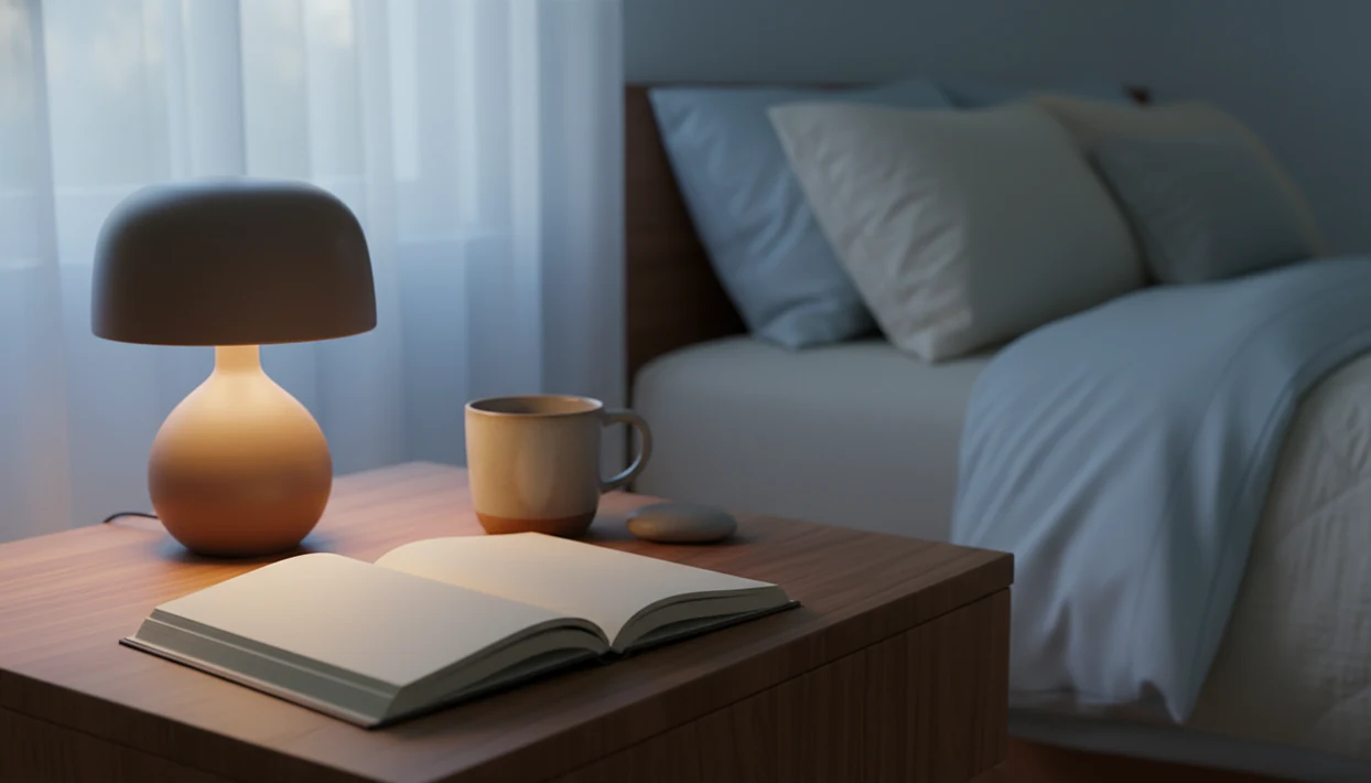 A quiet bedside journal, mug, stone, and lamp suggest a calm gratitude practice before sleep.