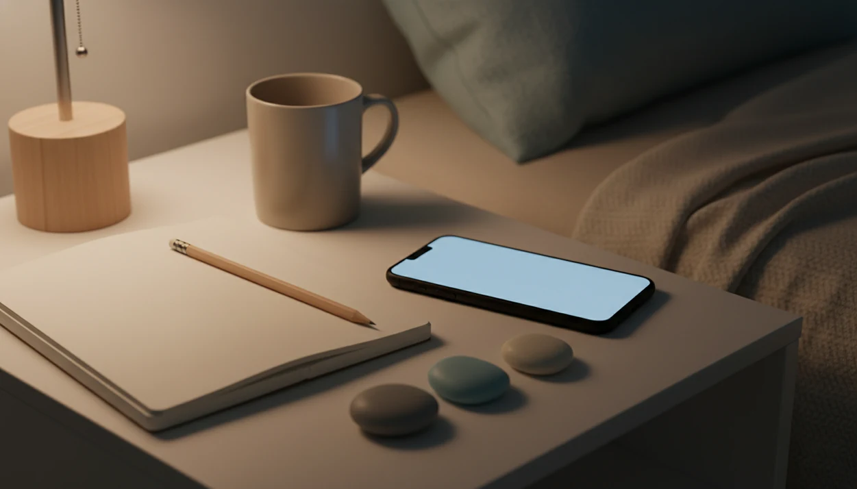 A quiet bedside table with a blank phone, notebook, pencil, mug, and three stones for a gratitude routine.
