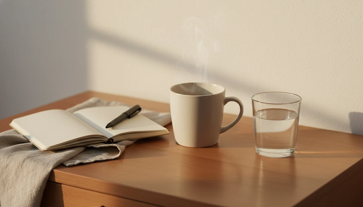 A quiet bedside still life with tea, blank notebook, linen, and morning light suggesting small daily gratitude.