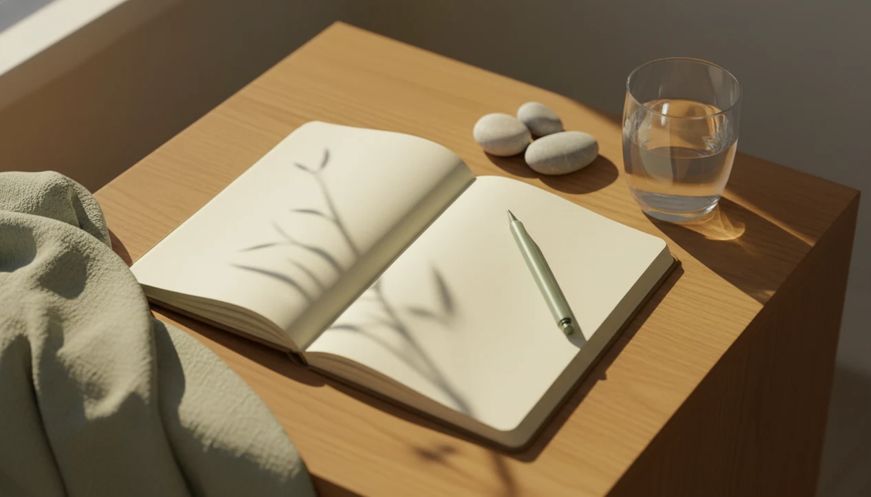A blank journal, pen, stones, and soft morning light suggest a calm daily gratitude practice.