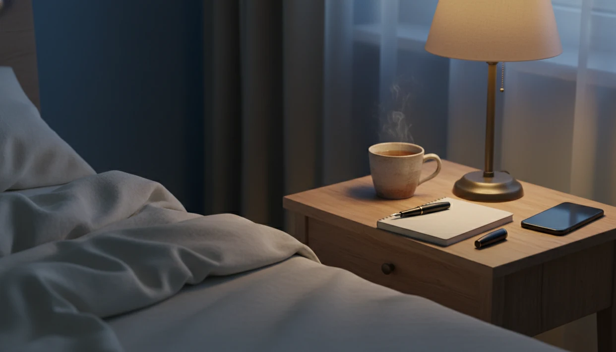 A quiet bedside with a blank notebook, tea, dim lamp, and phone face-down before sleep.