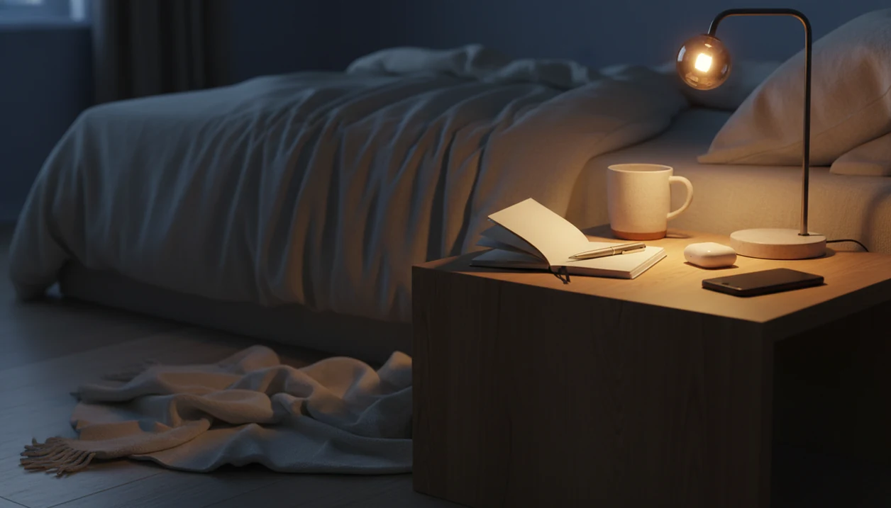 A calm bedside table with a blank notebook, pen, phone on the nightstand with sleep audio ready.