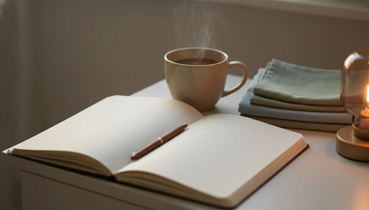 An open blank journal, pen, mug, and soft lamp light create a calm bedside gratitude practice scene.