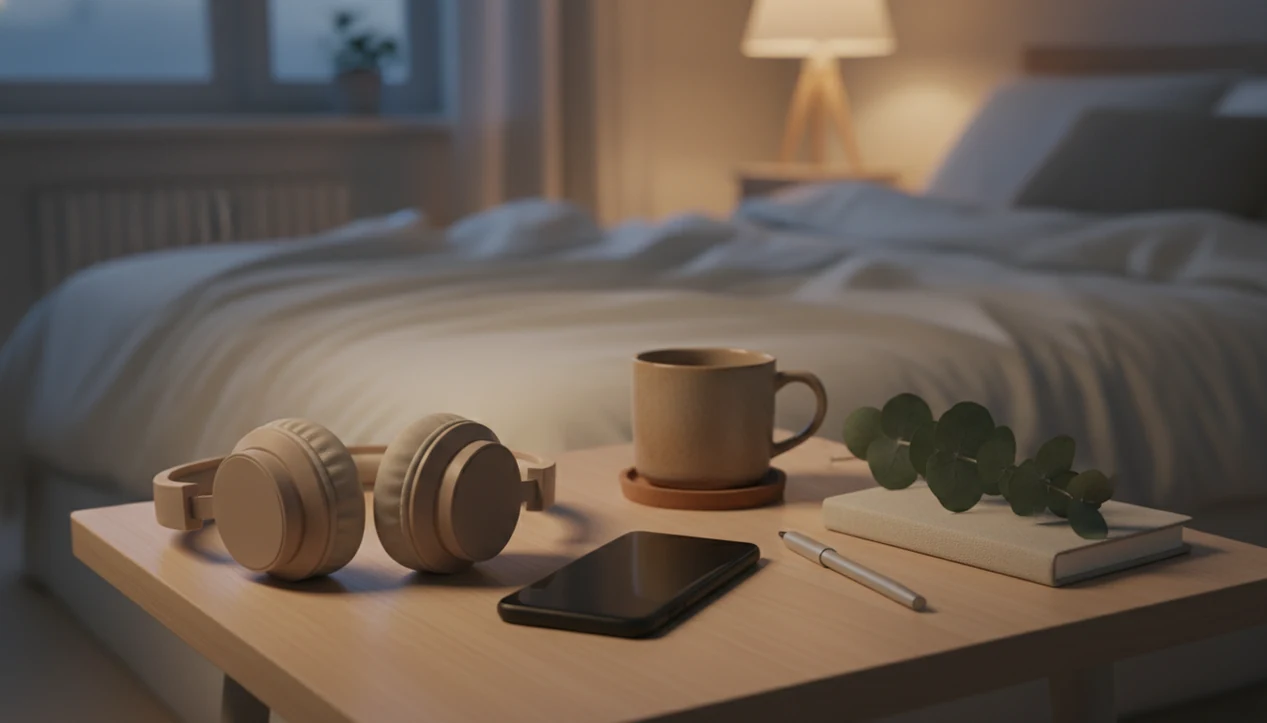 A calm bedside scene with headphones, a phone, journal, mug, and soft lamplight for guided gratitude meditation.