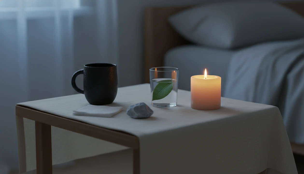 A quiet bedside still life shows tissues, a mug, a candle, and a leaf in soft evening light.