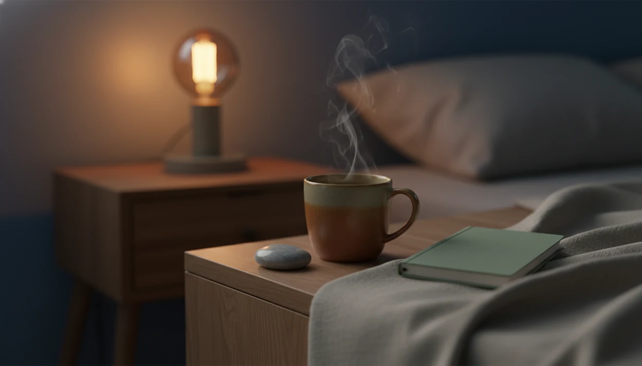 A calm bedside scene with a warm mug, blanket, notebook, and soft lamp light suggesting grounded gratitude.