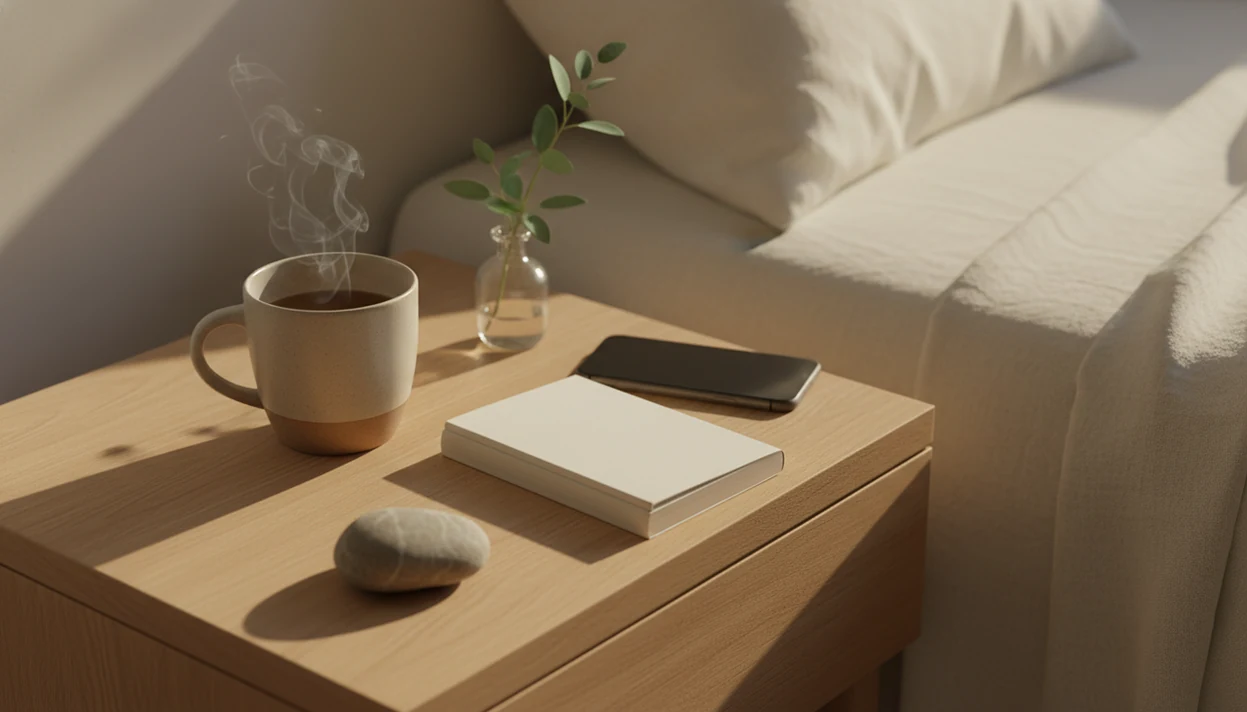 A peaceful bedside still life with tea, a blank notebook, greenery, and a face-down phone in morning light.