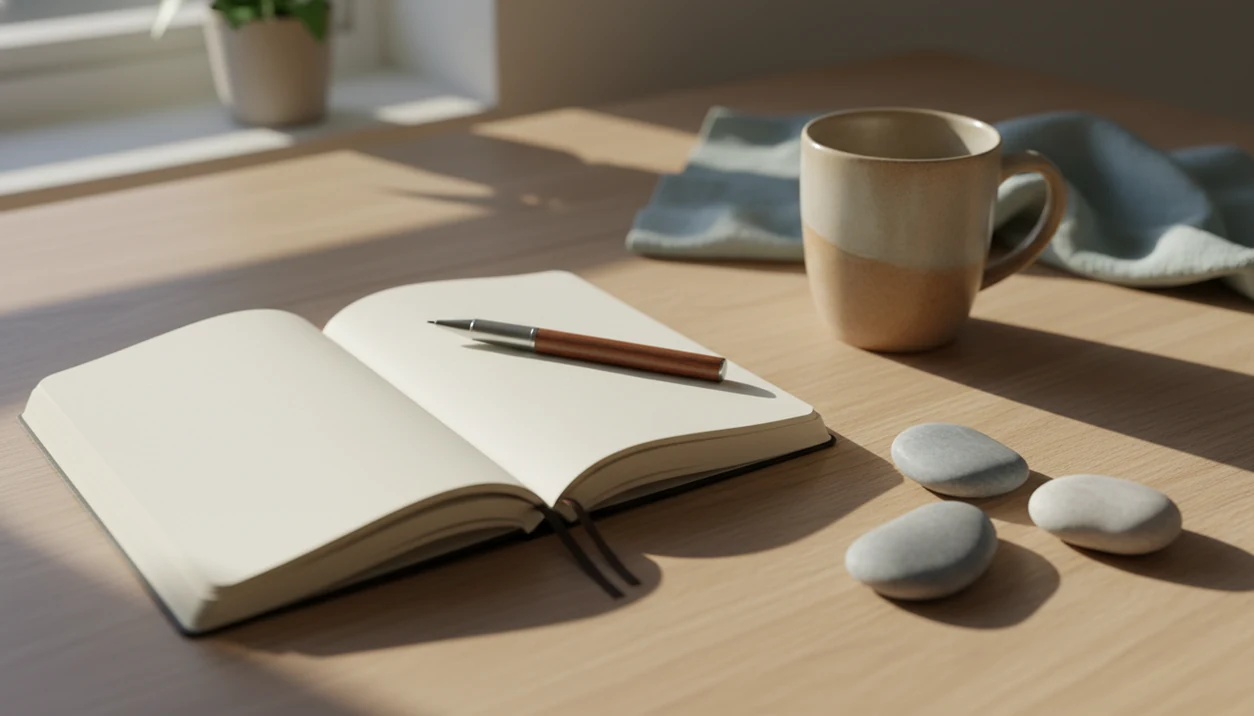 A blank journal, pen, stones, and tea on a calm desk suggest a pause before making a choice.