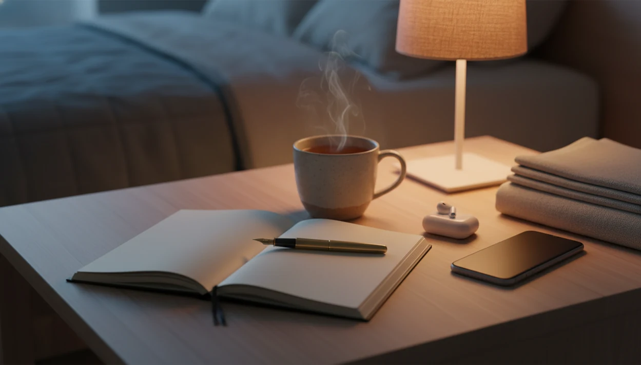 A calm bedside journal, tea, low light, blanket, and phone for guided audio.