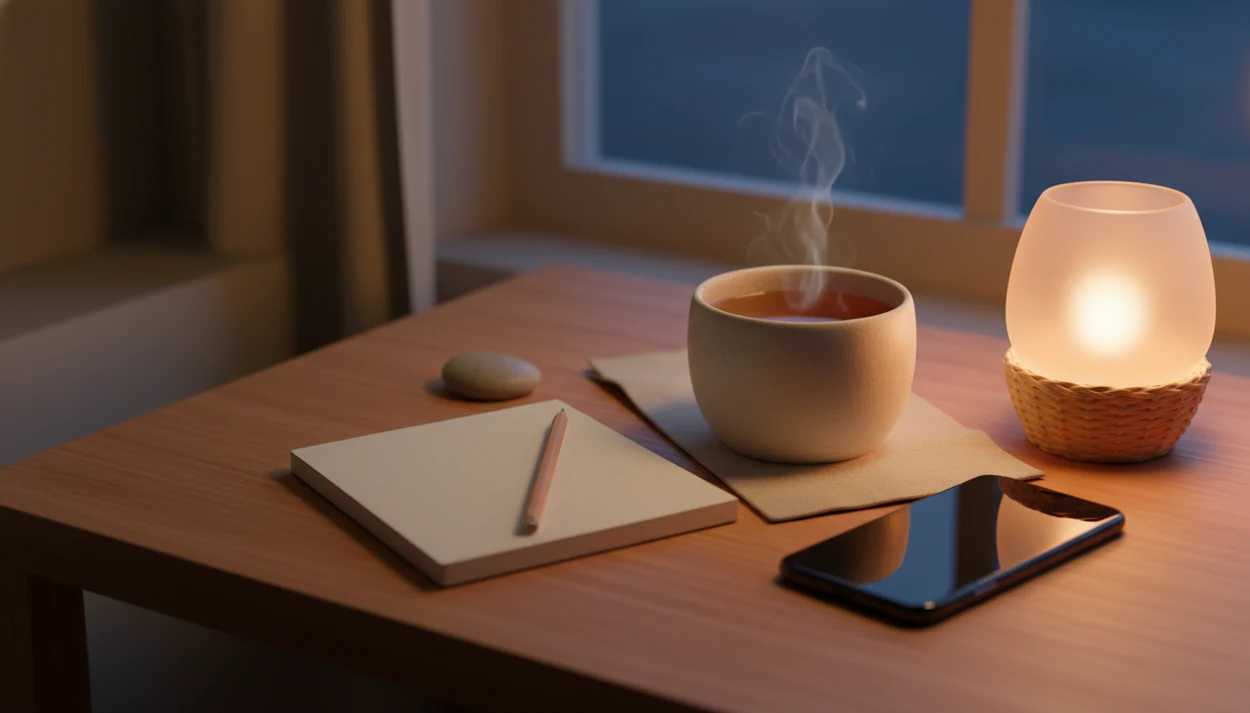 A quiet bedside setup with a blank notebook, pencil, tea, and face-down phone in soft evening light.