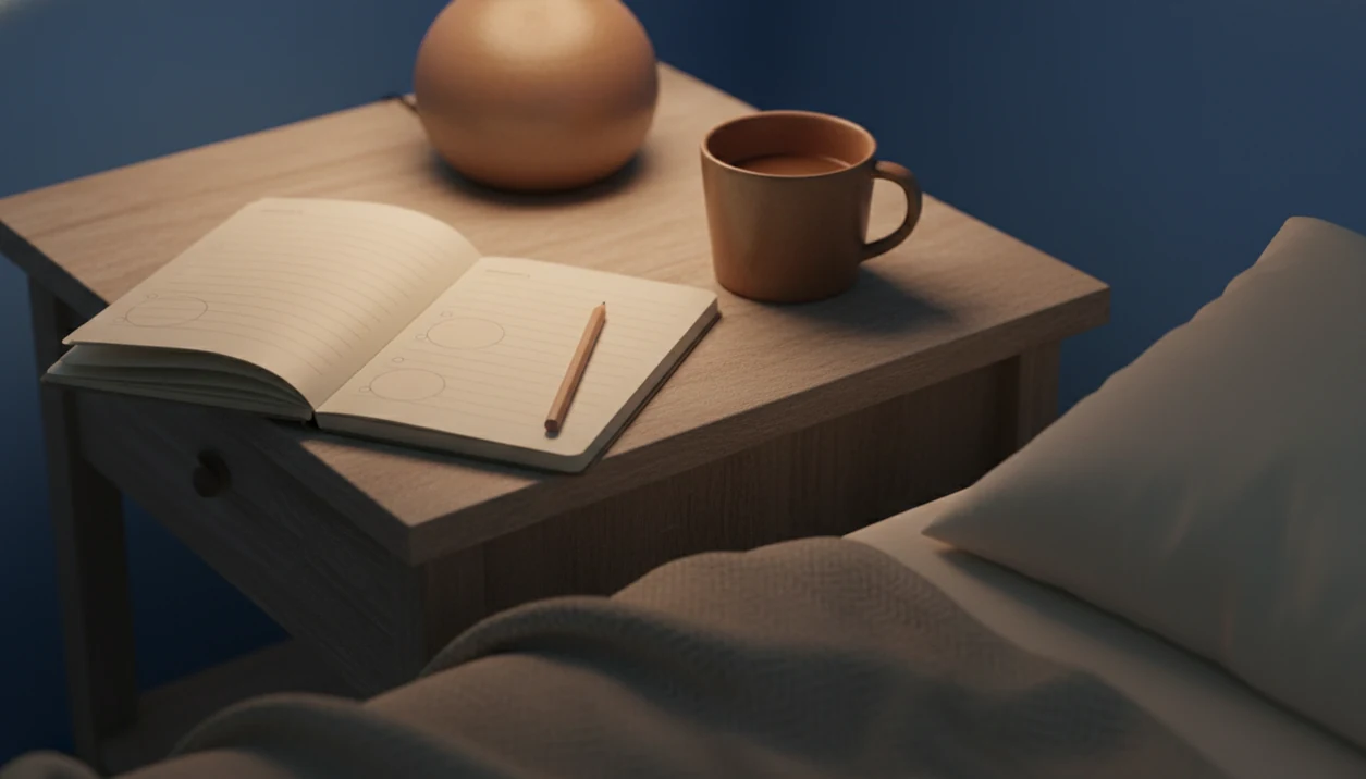 An open notebook and pencil sit on a bedside table in warm lamplight before sleep.