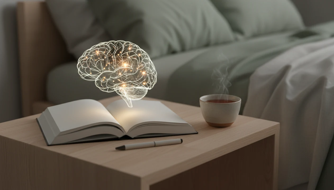 A blank gratitude journal on a bedside table with a subtle glowing brain circuit overlay above it.