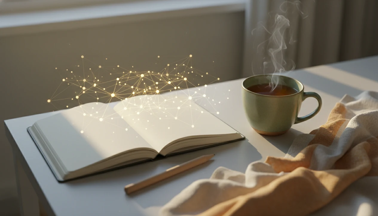 A calm bedside journal scene with soft golden neural light suggesting gratitude and brain science.