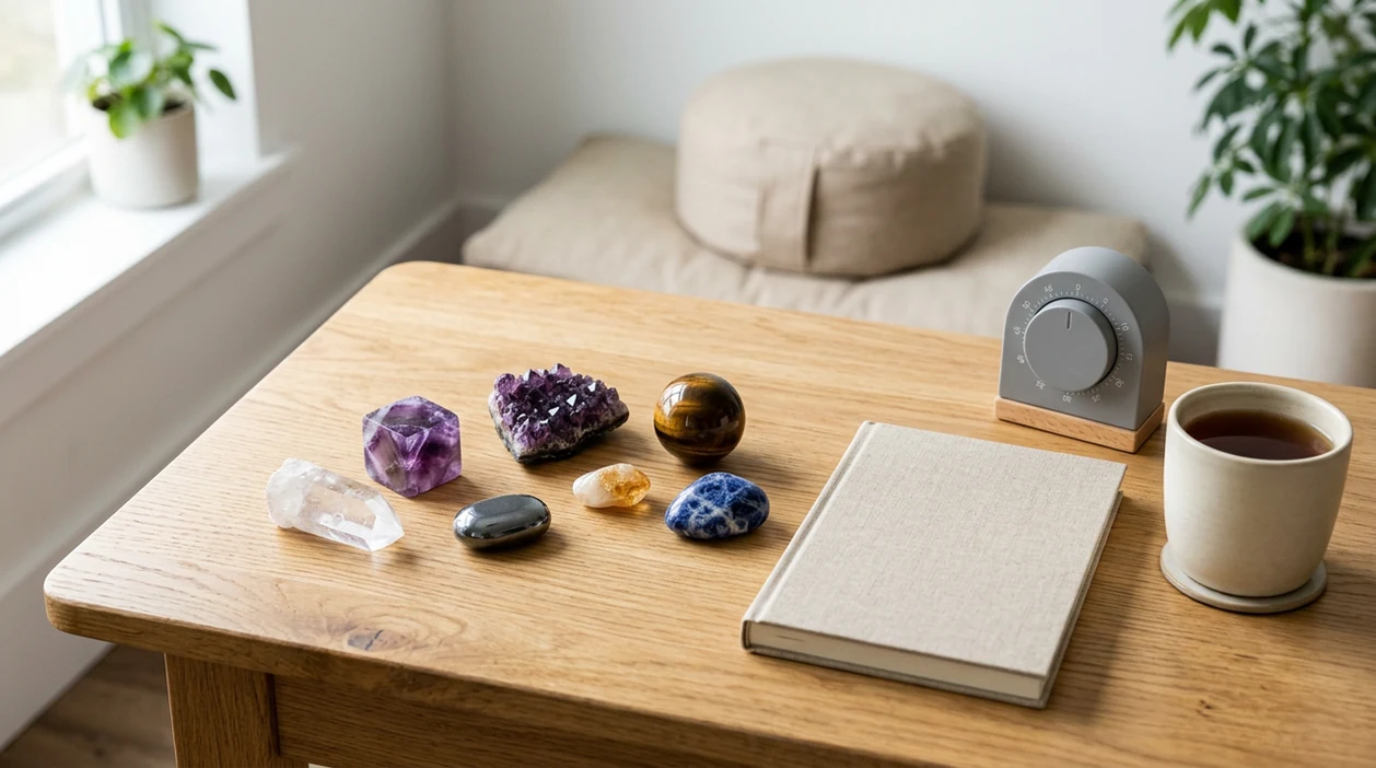Seven focus crystals sit on a calm desk with a notebook, timer, tea, and meditation cushion nearby.