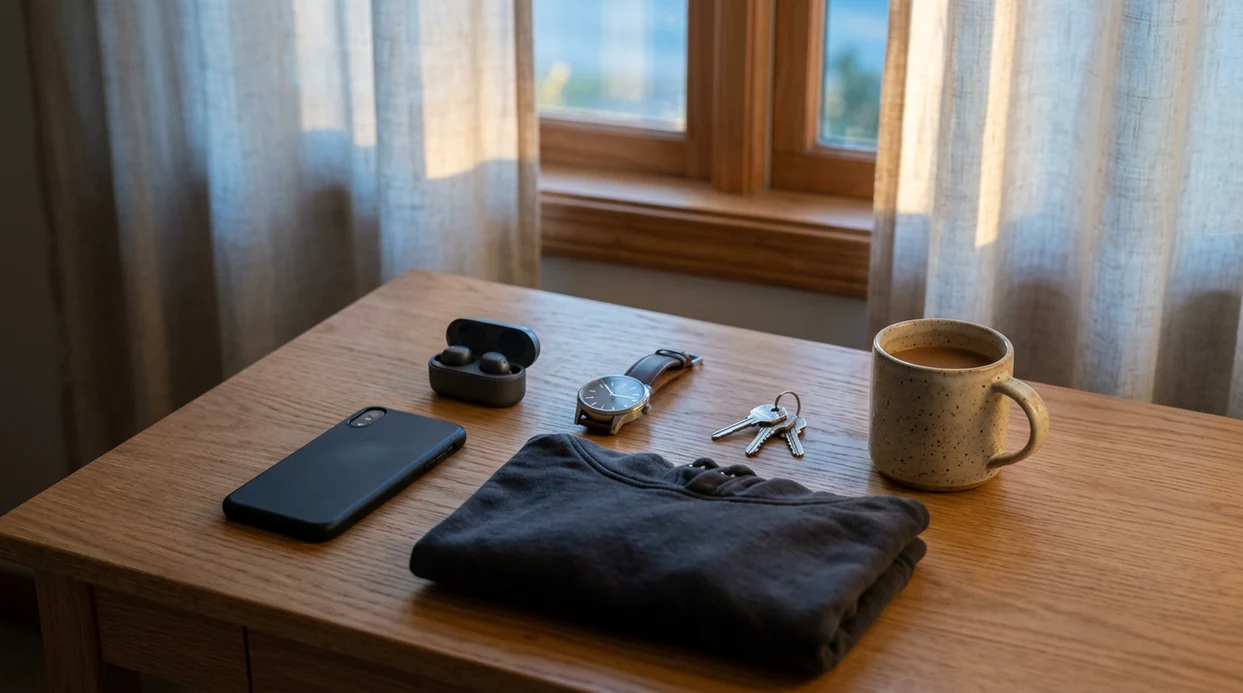 A calm bedside desk with low light, blanket, and phone for guided audio.