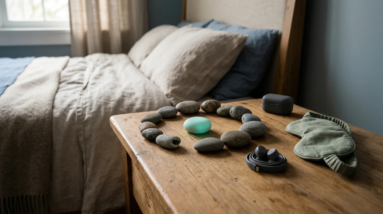 A circle of river stones with a calm open pause on a bedside table beside bedside phone with a downloaded calm track.