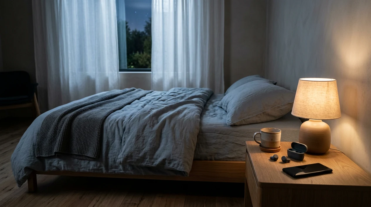 A calm bedroom with a softly lit nightstand set up for sleep meditation before bed.