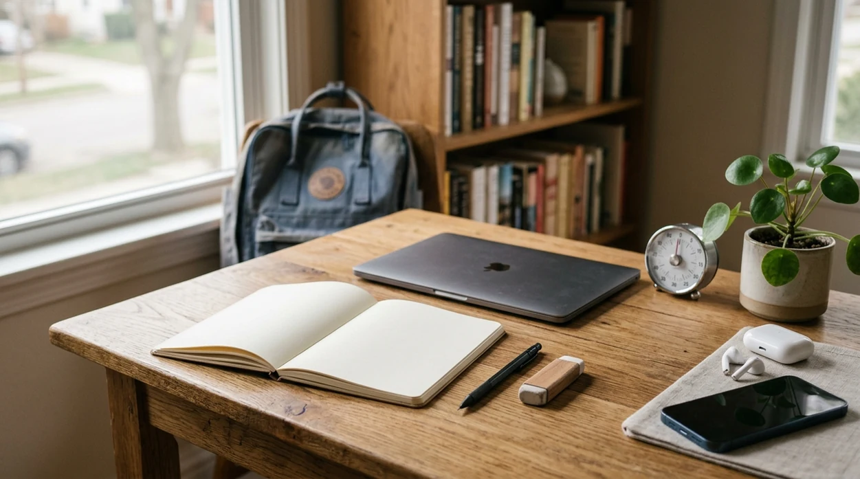 A calm study desk with a notebook, laptop, timer, plant, and face-down phone in soft morning light.