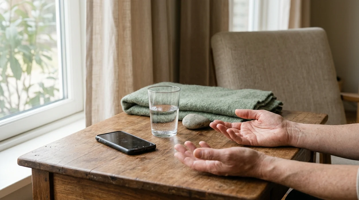 Open hands rest beside water and a face-down phone in a quiet sunlit corner, suggesting a calming pause.