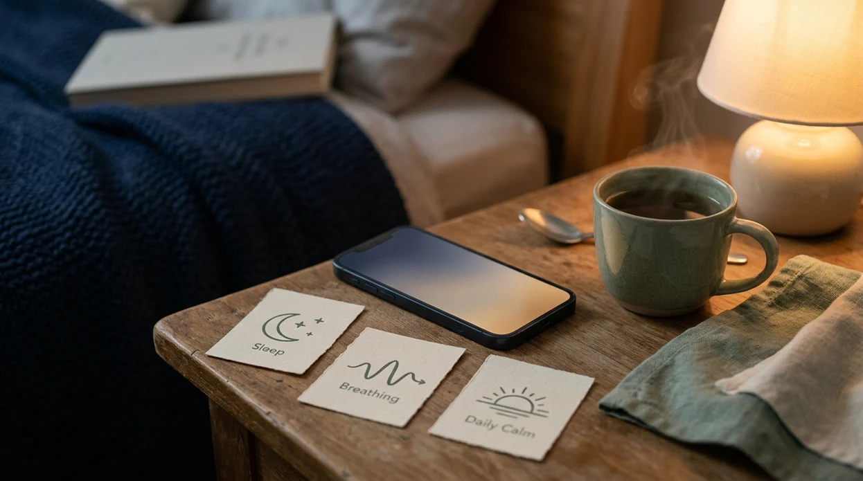 A calm bedside setup with a phone, tea, and simple cards for choosing a meditation app.