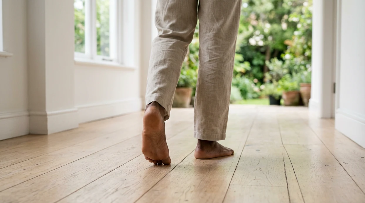 A person takes a slow mindful step along a quiet wooden hallway toward a softly lit garden.
