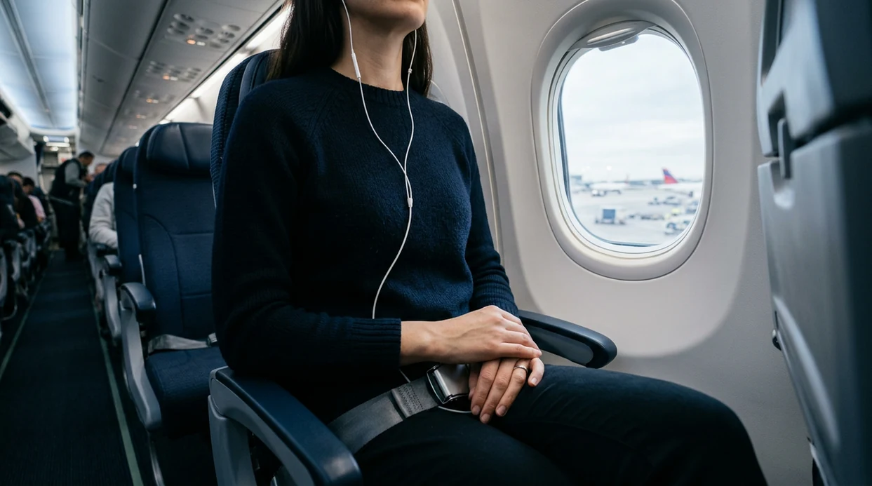 A calm traveler sits by an airplane window with relaxed hands before takeoff.