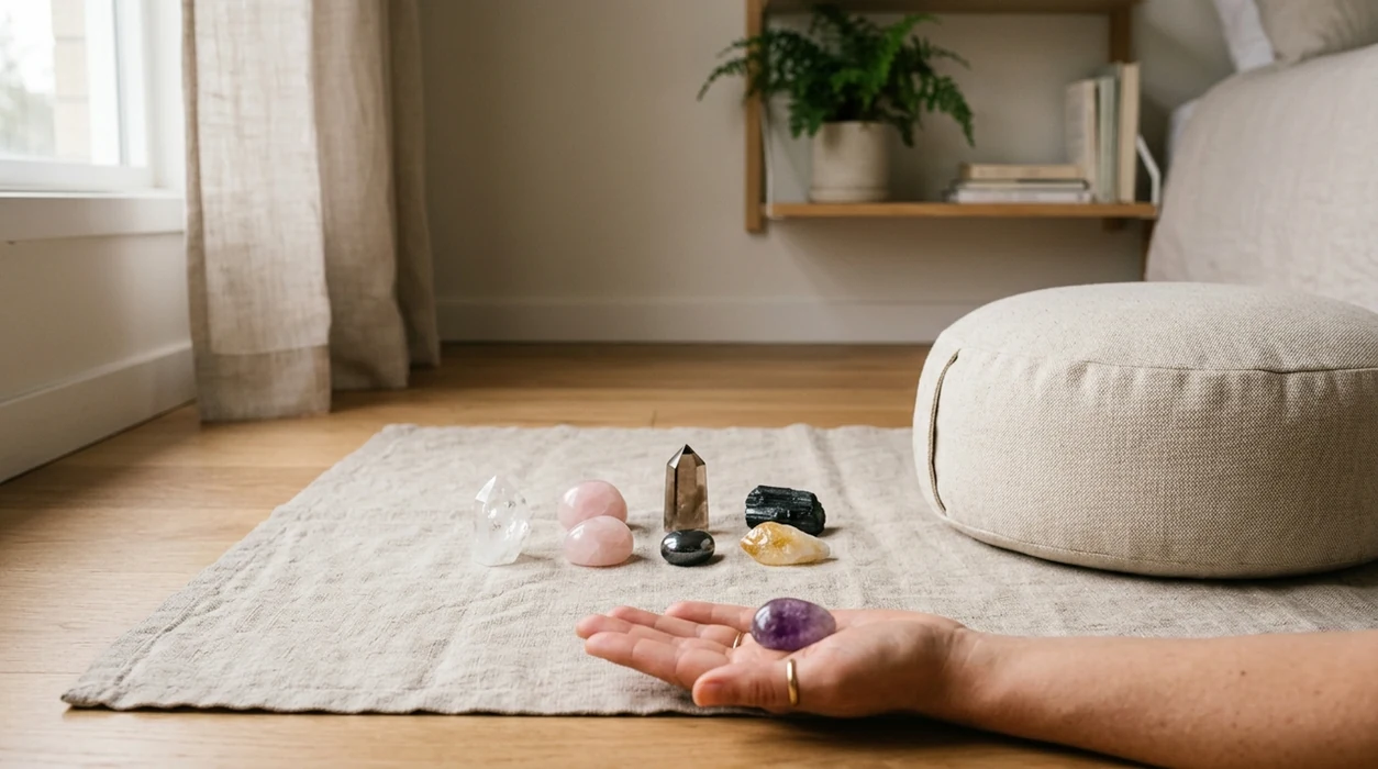 A calm meditation setup with polished crystals on linen and one crystal resting in an open hand.