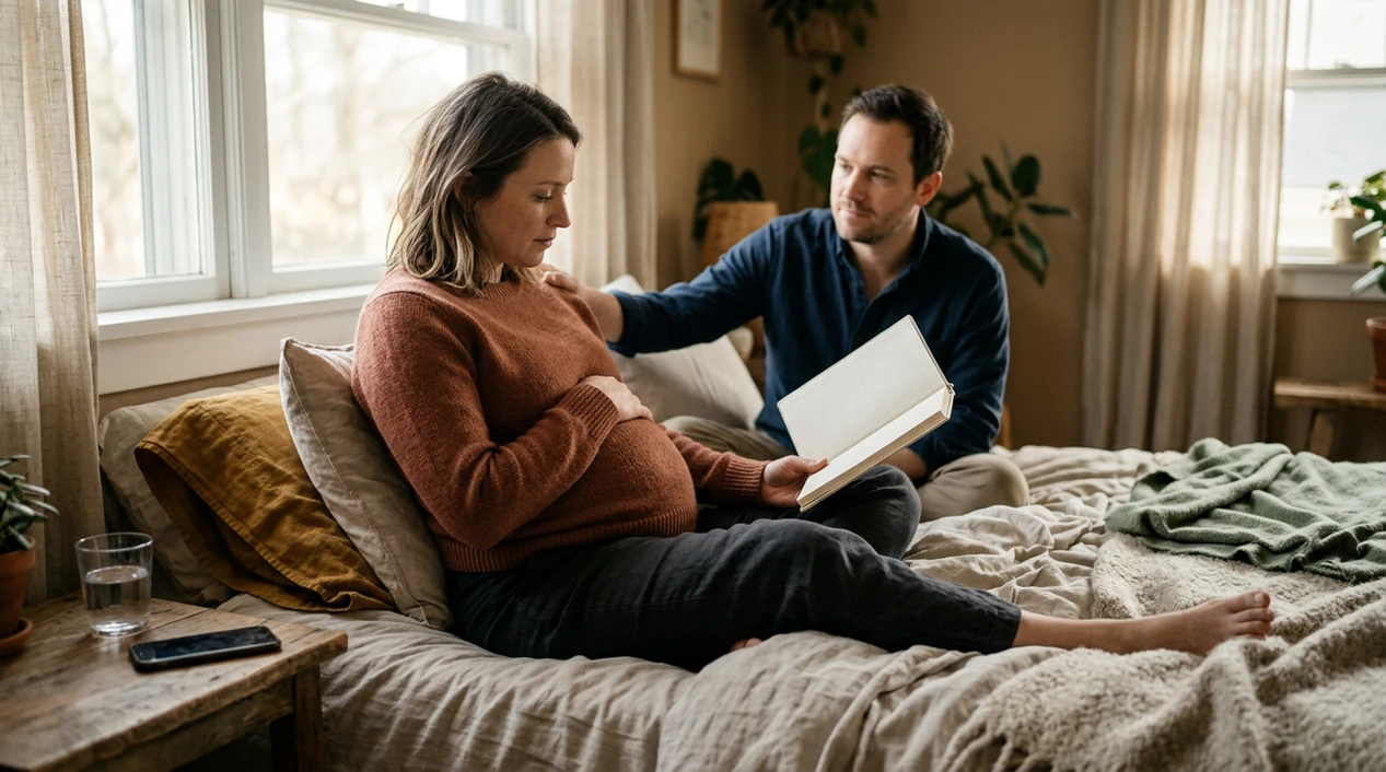A pregnant adult practices calm breathing with support while preparing for birth in a quiet room.