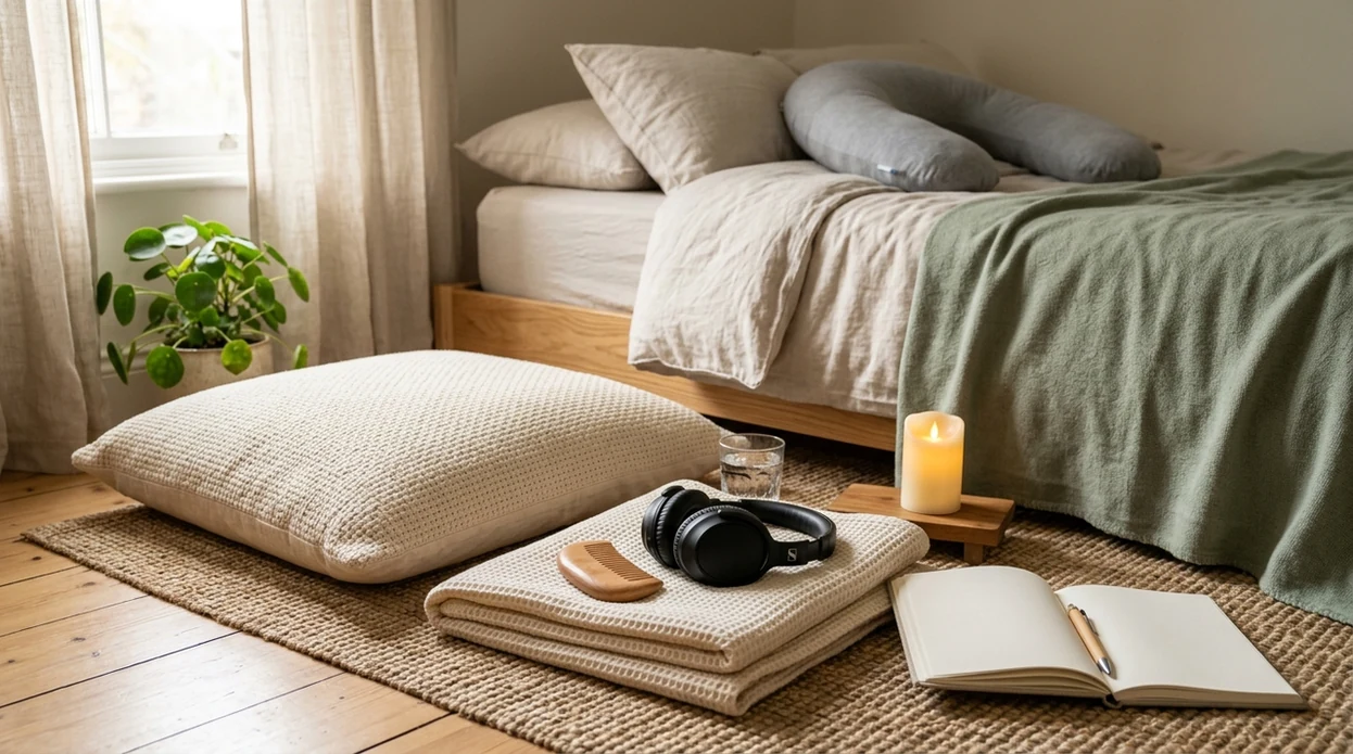A calm bedroom practice setup with headphones, pillows, water, candle, and a blank notebook for hypnobirthing.