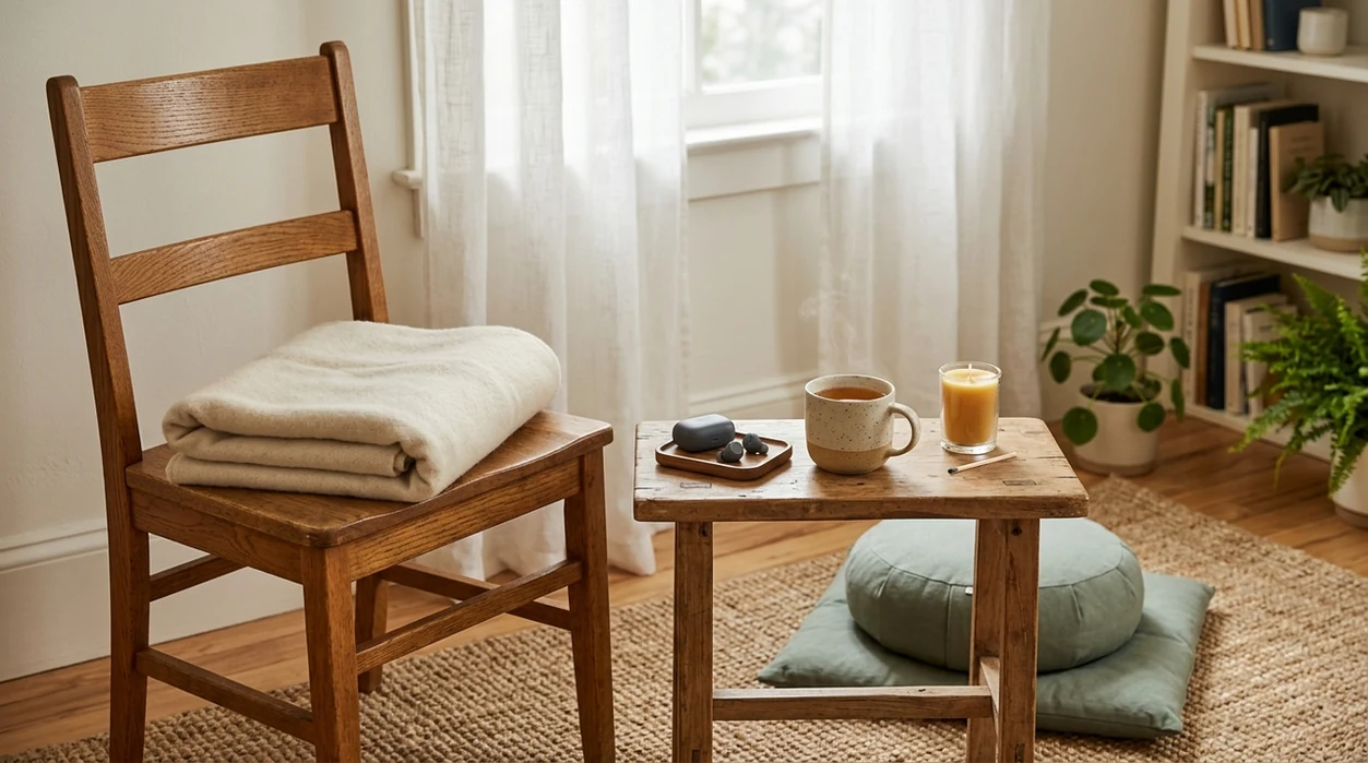 A quiet bedroom corner set up for a short beginner meditation with a chair, cushion, tea, and earbuds.