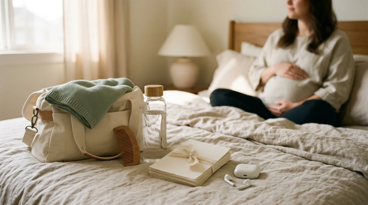 Blank affirmation cards and a packed birth bag sit in warm light for a calm hypnobirthing routine.