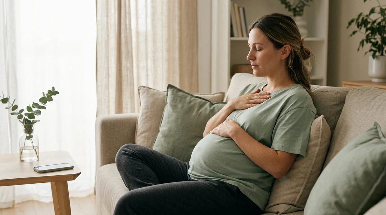 A pregnant person sits calmly on a sofa practicing slow hypnobirthing breathing with hands on belly and chest.