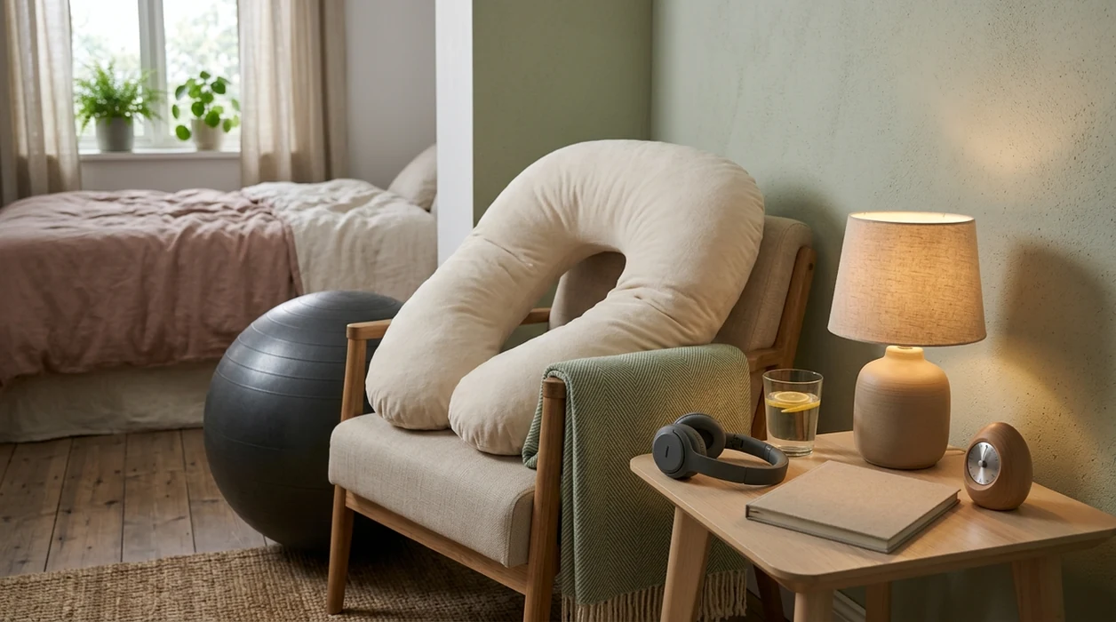 A calm bedroom setup with headphones, blanket, pillow, and birthing ball for hypnobirthing practice.