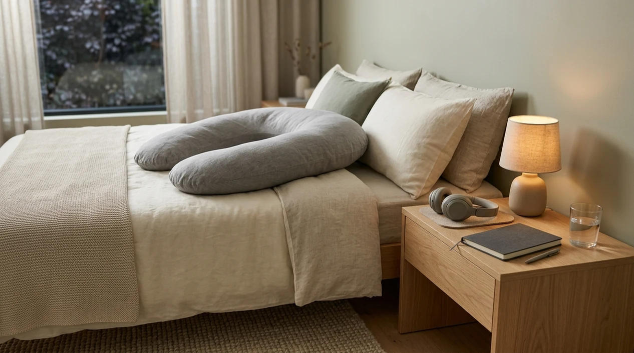 A calm bedroom setup with a pregnancy pillow, headphones, notebook, and water for hypnobirthing practice.