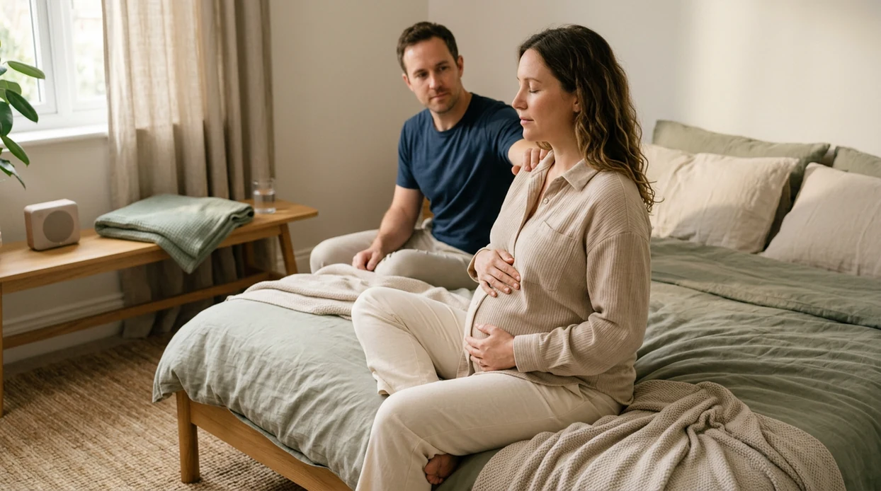 A pregnant person practices calm breathing on a bed with gentle partner support nearby.